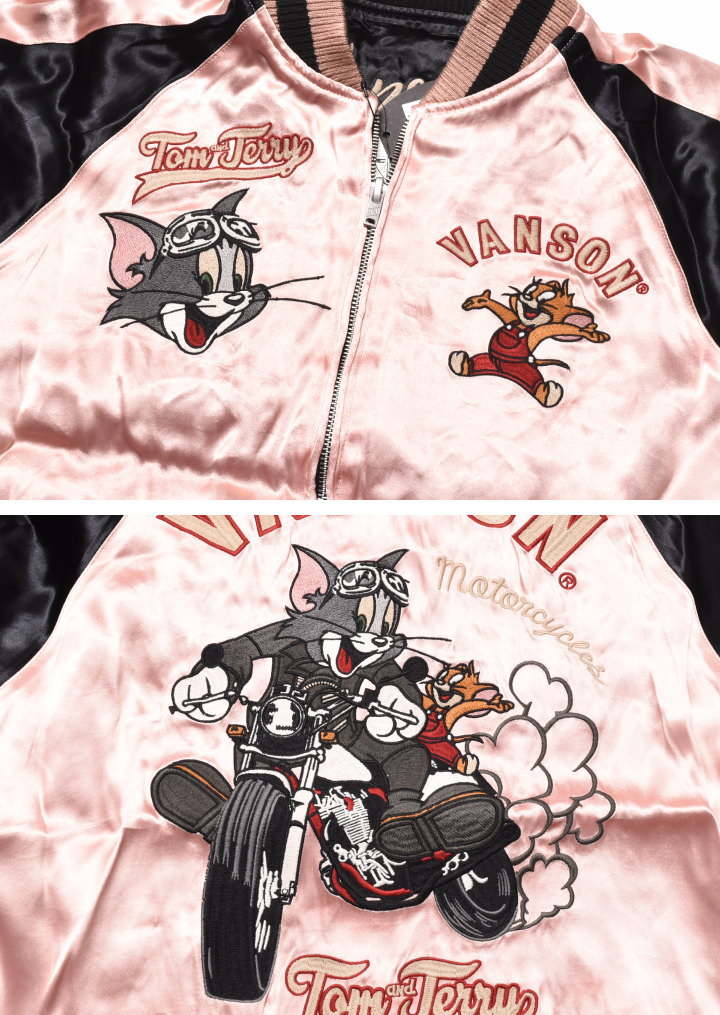 【2024春新作】バンソン VANSON × TOM AND JERRY トムとジェリー コラボ スカジャン バイカー トム＆ジェリー 総刺繍 サテン  リバーシブルスカジャン TJV-2407