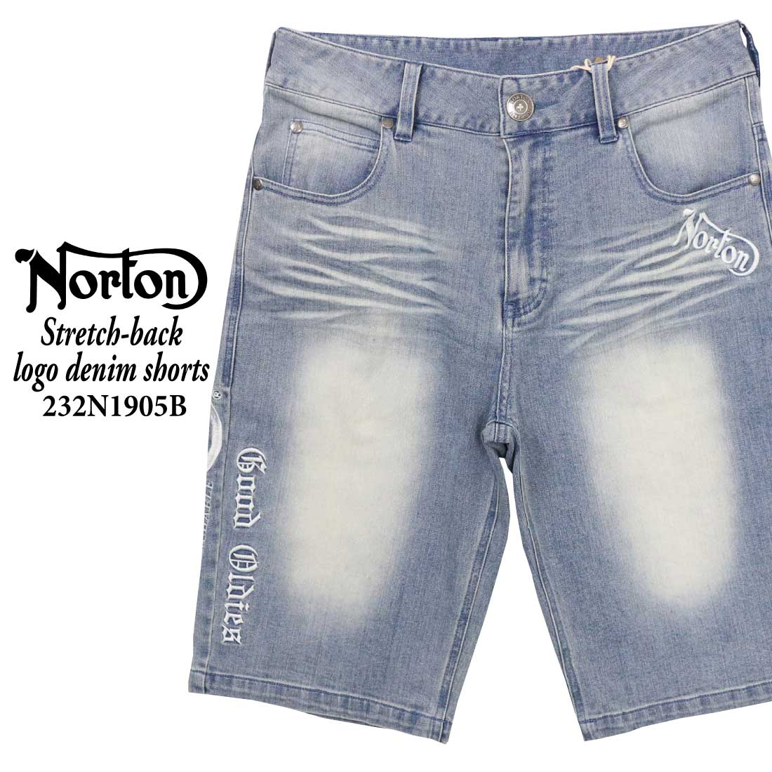 Norton ノートン 服  ショートパンツ 232N1905B ストレッチ バック ロゴ デニムショーツ アメカジ カジュアル メンズ バイカー｜jeansaiya-a｜03