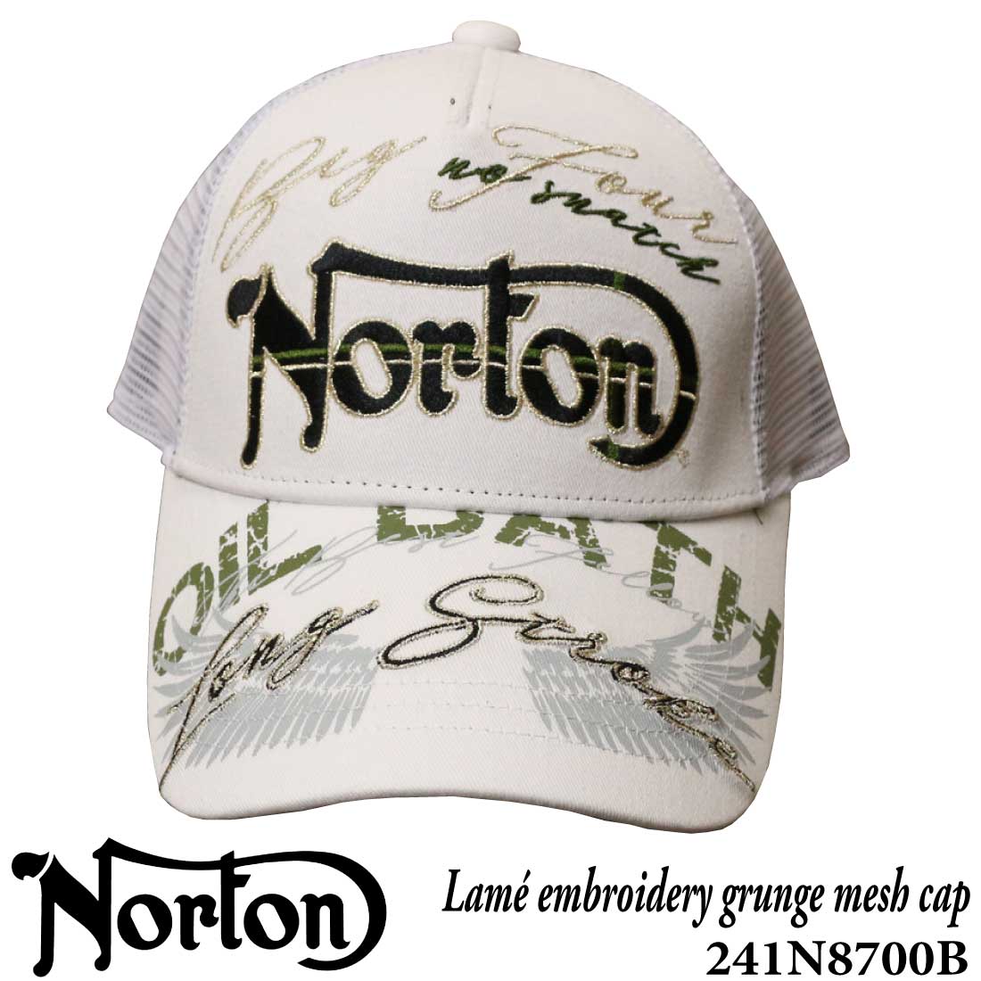 Norton ノートン 服  帽子 キャップ 241N8700B ロゴラメ刺繍 グランジ加工 ツイル メッシュキャップ  アメカジ メンズ バイカー｜jeansaiya-a｜02