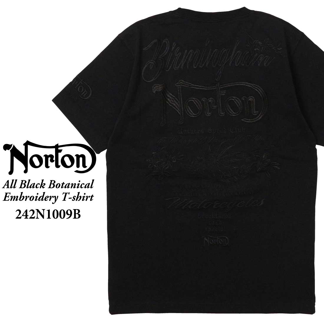 Norton ノートン 服  半袖 Tシャツ 242N1009B オールブラック　ボタニカル 刺繍 ...