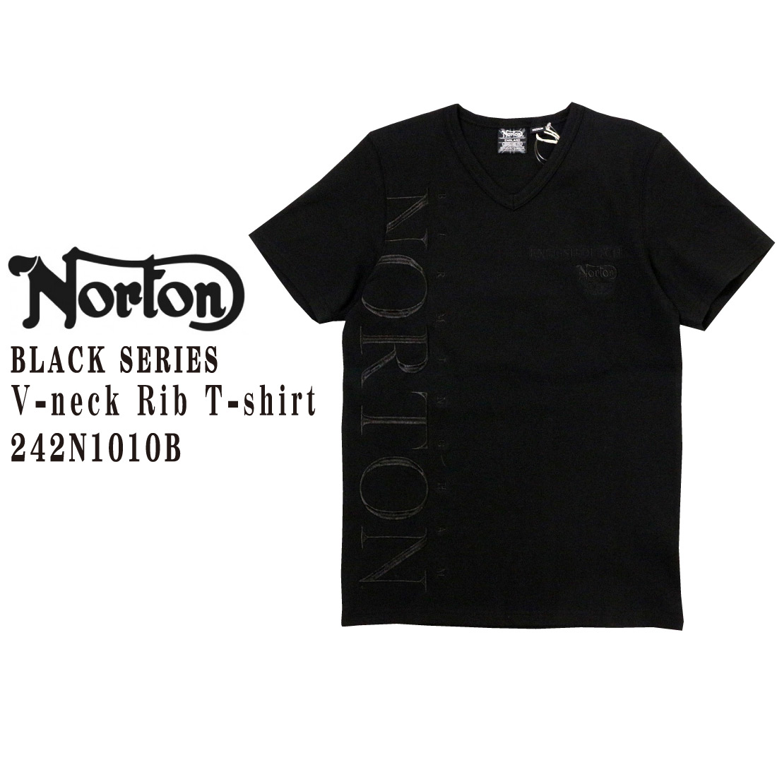 Norton ノートン 服 半袖 242N1010B Tシャツ ブラックシリーズ テレコTシャツ Vネック 半袖Tシャツ ロゴ刺繍 黒 アメカジ バイカー バイク メンズ ロゴ｜jeansaiya-a｜02