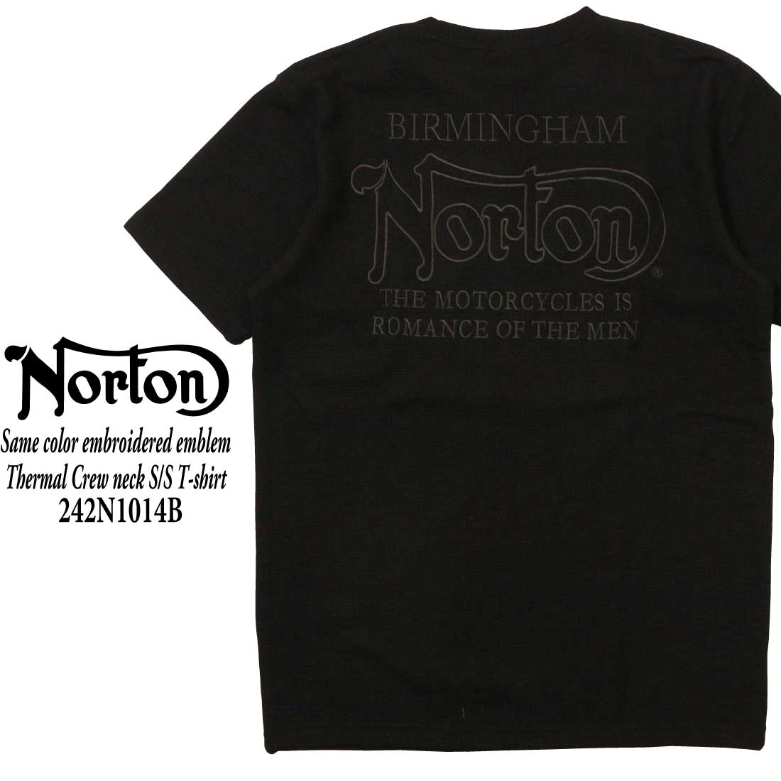 Norton ノートン 服 半袖 Tシャツ 242N1014B 同色エンブレム刺繍 サーマル クルーネック アメカジ バイカー バイク メンズ ロゴ