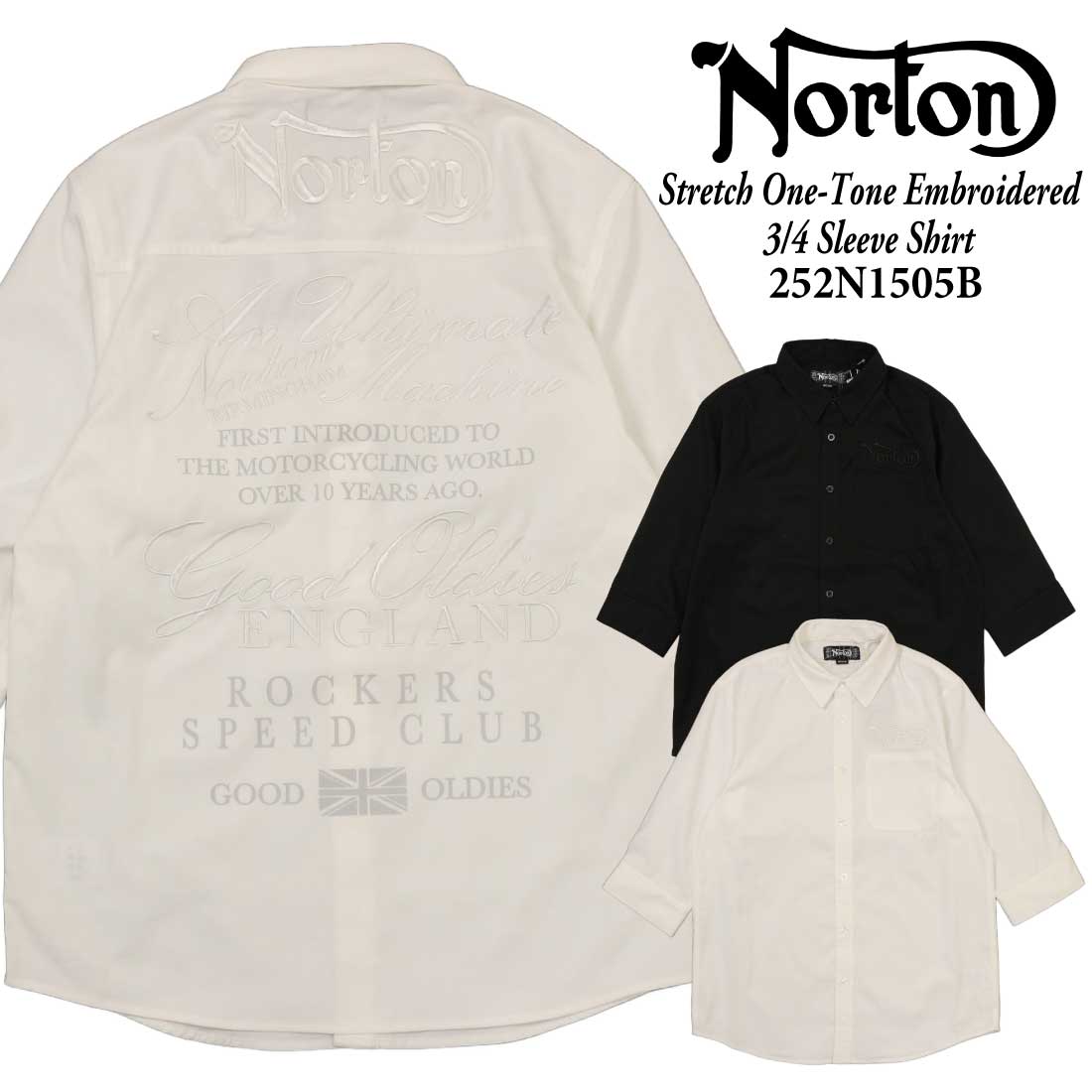 新品　L ノートン Norton メンズ 綿麻混合 6分袖シャツ 接触冷感　襟付 ノートン Norton 5分袖シャツ 192N1504 刺繍 リゾート リーフ 綿