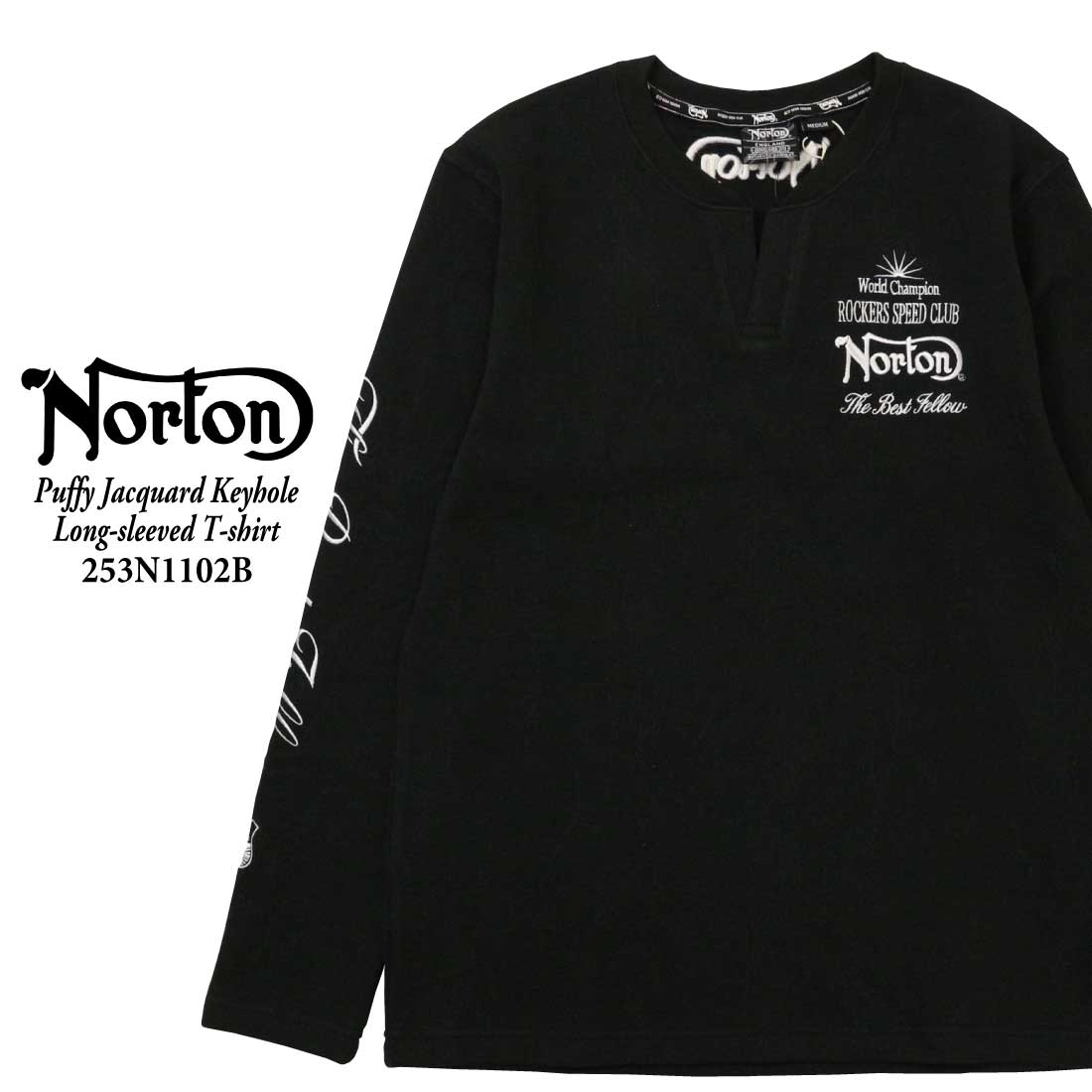 Norton ノートン 服 長袖 Tシャツ カットソー 253N1102B 膨れジャカード キーネック ロンT 刺繍 ロゴ アメカジ バイカー メンズ ノートン（NORTON） 服 長袖 Tシャツ カットソー 253N1102B 膨れジャ