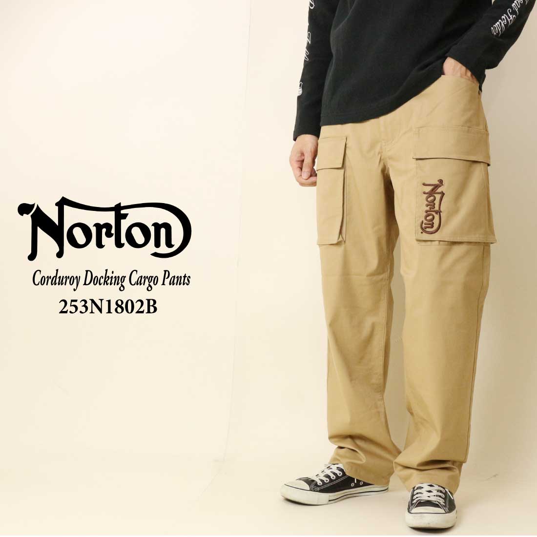 Norton ノートン 服 カーゴパンツ 253N1802B コーデュロイ ドッキング カーゴパンツ ロゴ 刺繍 メンズ アメカジ バイカー フラップポケット ノートン（NORTON） 服 カーゴパンツ 253N1802B コーデュロイ