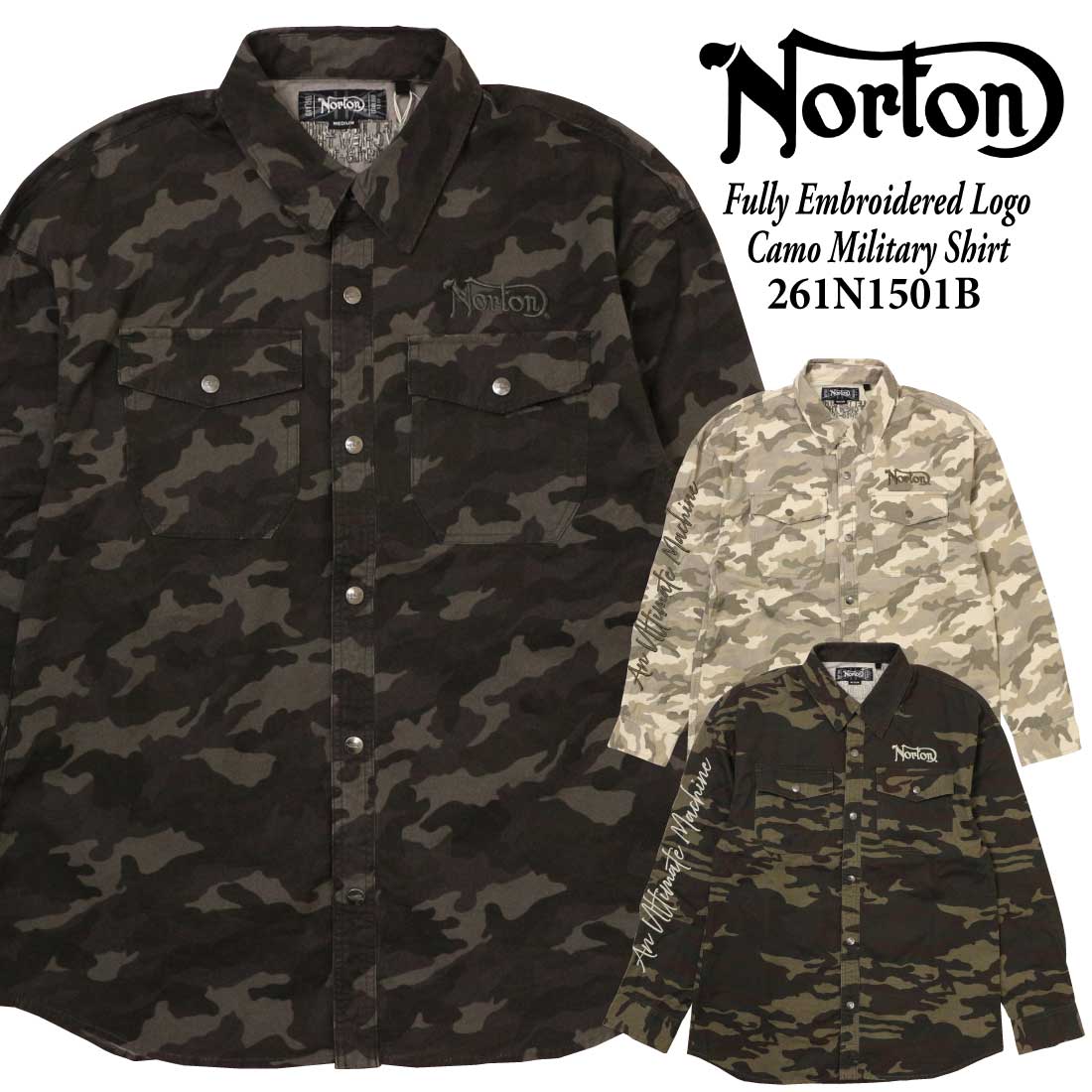 ノートン（NORTON） 服 長袖 シャツ 261n1501B ロゴ 総刺繍 カモ柄