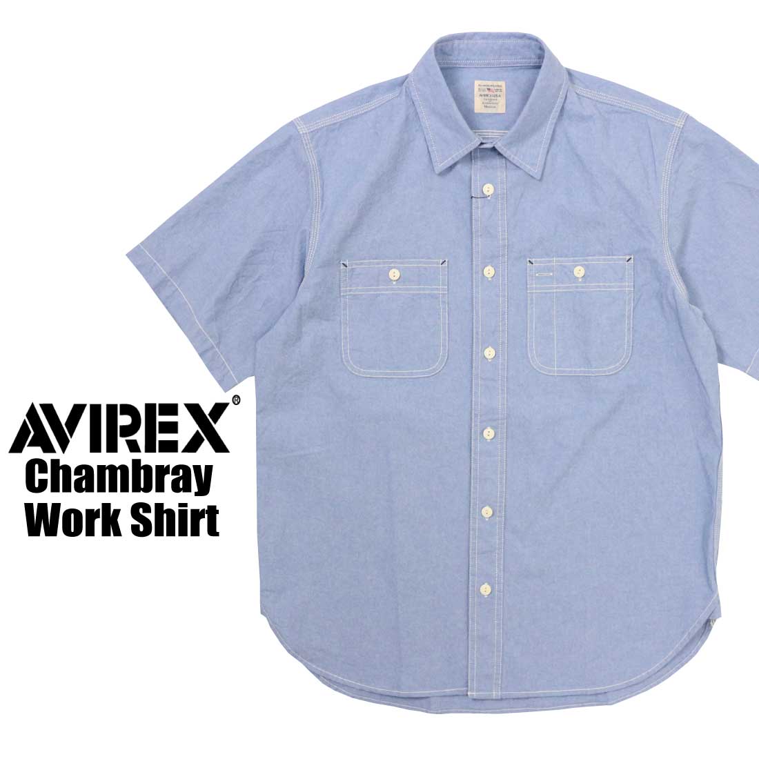 AVIREX 半袖 783-3923003 シャンブレー ワークシャツ 胸ポケット ペンホルダー メ...