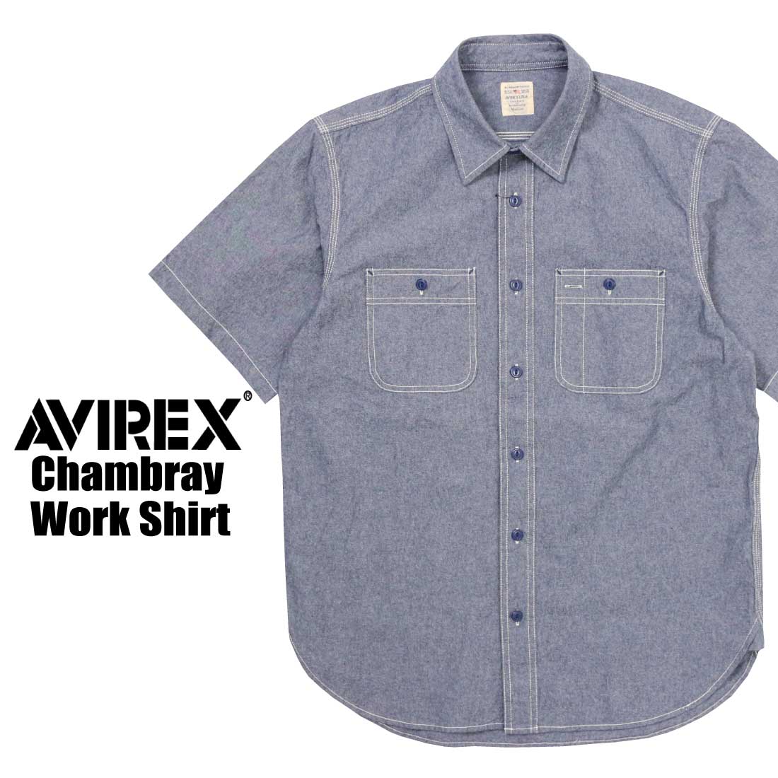 AVIREX 半袖 783-3923003 シャンブレー ワークシャツ 胸ポケット ペンホルダー メ...