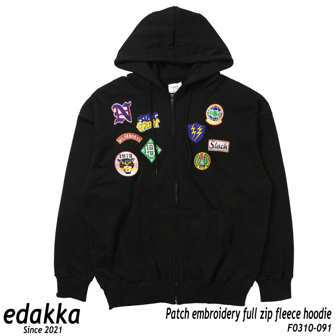 edakka 長袖 パーカー ワッペン風刺繍 フルジップパーカー