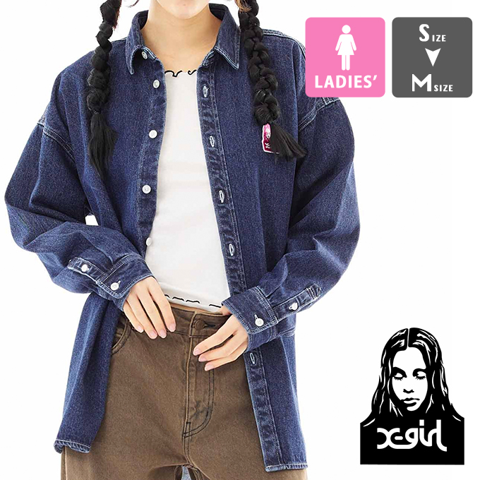 【 X-girl エックスガール 】 FACE EMBROIDERY DENIM SHIRT X-girl フェイス 刺繍 長袖 デニムシャツ 105231014005 / 23SPRING ※｜jeansstation