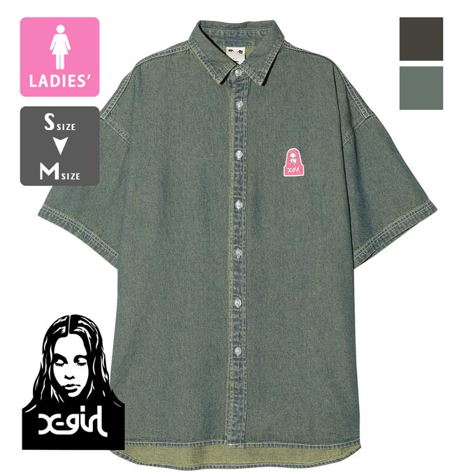 X-girl エックスガール FACE DENIM S/S SHIRT X-girl フェイス ロゴ