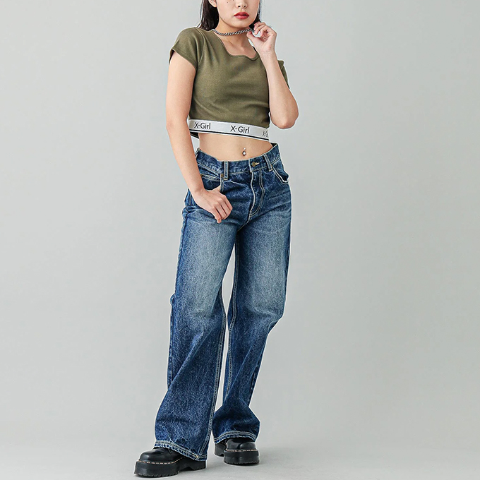 X-girl エックスガール LOGO AND STRIPE CROPPED S/S TOP ロゴ