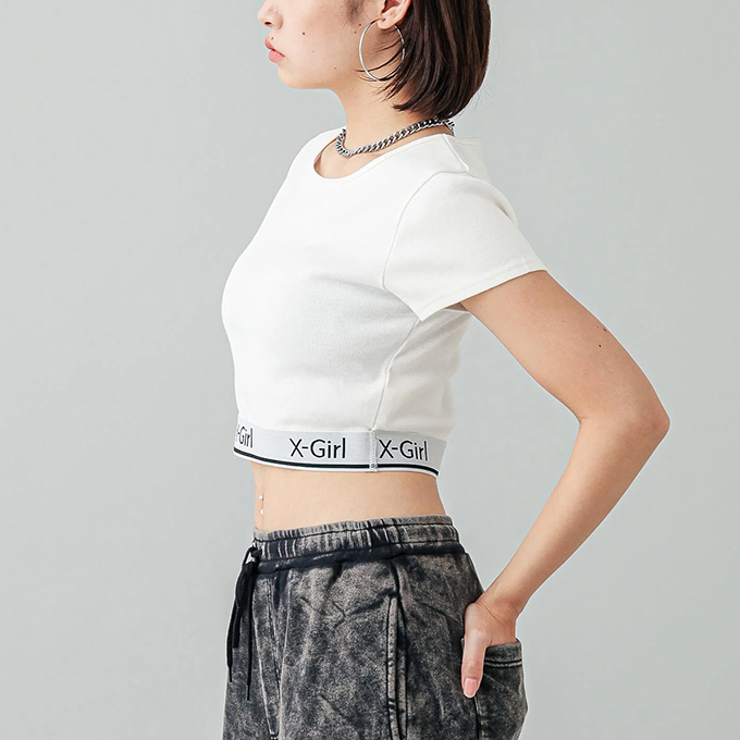 X-girl エックスガール LOGO AND STRIPE CROPPED S/S TOP ロゴ