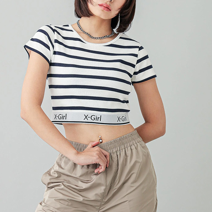 セール 売れ筋商品|||X-girl エックスガール LOGO AND STRIPE CROPPED S/S TOP 105252013025 ロゴアンドストライプクロップド半袖トップ Tシャツ 正規取扱店 X-girl エックスガール 】 LOGO AND STRIPE CROPPED S/S TOP