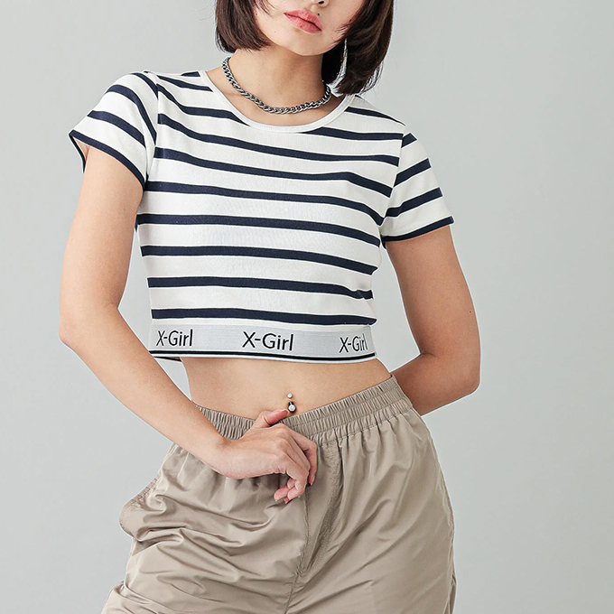 X-girl エックスガール LOGO AND STRIPE CROPPED S/S TOP ロゴ アンド ストライプ クロップド　ショートスリーブ トップ 105242013025 / 2024SUMMER｜jeansstation｜07