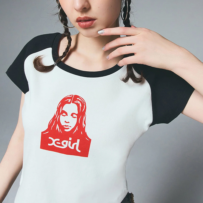 X-girl エックスガール FACE RAGLAN S/S BABY TEE フェイス
