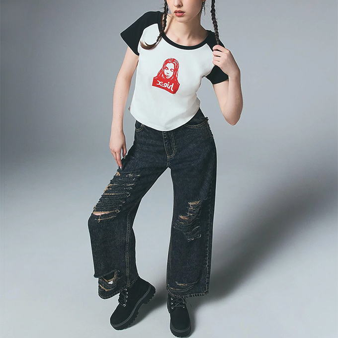 X-girl エックスガール FACE RAGLAN S/S BABY TEE フェイス
