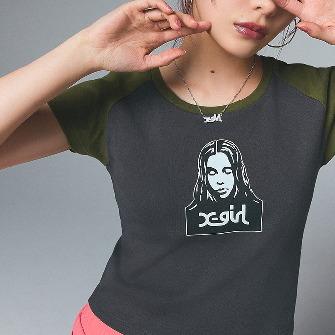 X-girl（エックスガール） FACE RAGLAN S/S BABY TEE フェイス