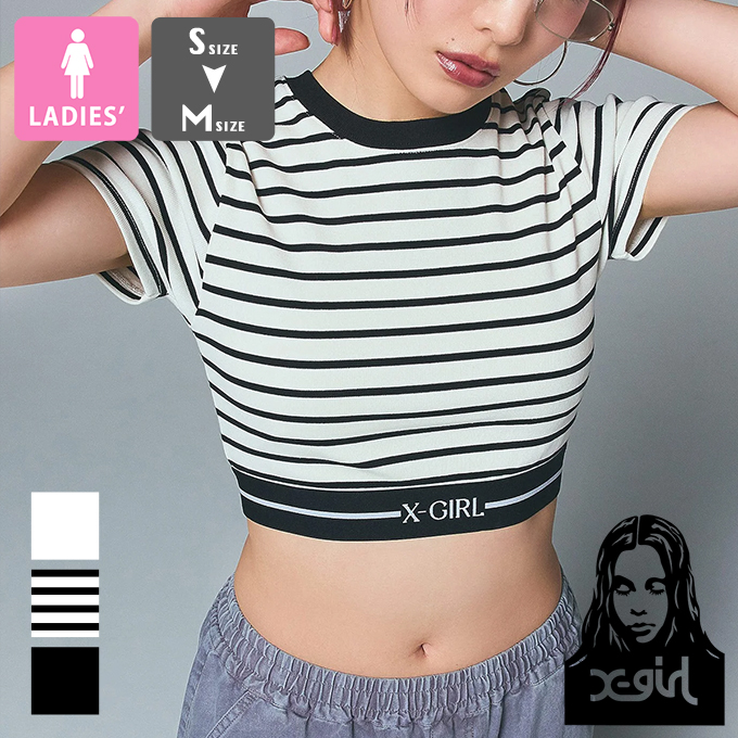X-girl エックスガール LOGO AND STRIPE CROPPED S/S TOP ロゴ アンド ストライプ クロップド 半袖Tシャツ 105252013025 / 2025SUMMER