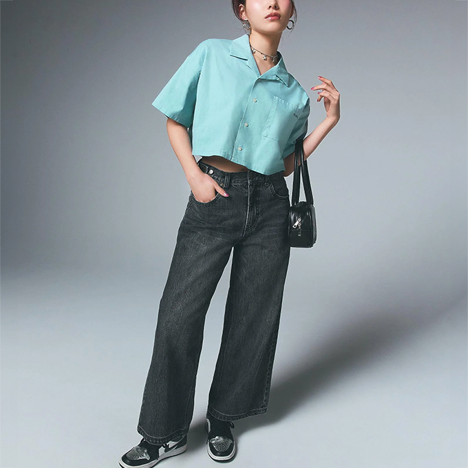 X-girl（エックスガール） FACE OPEN COLLAR CROPPED SHIRT フェイス