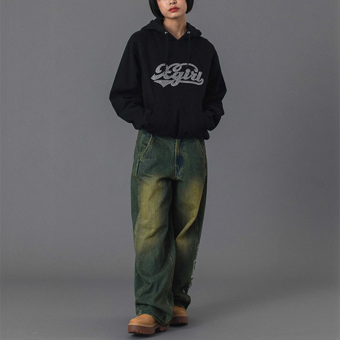 X-girl（エックスガール） RHINESTONE CURSIVE LOGO SWEAT HOODIE