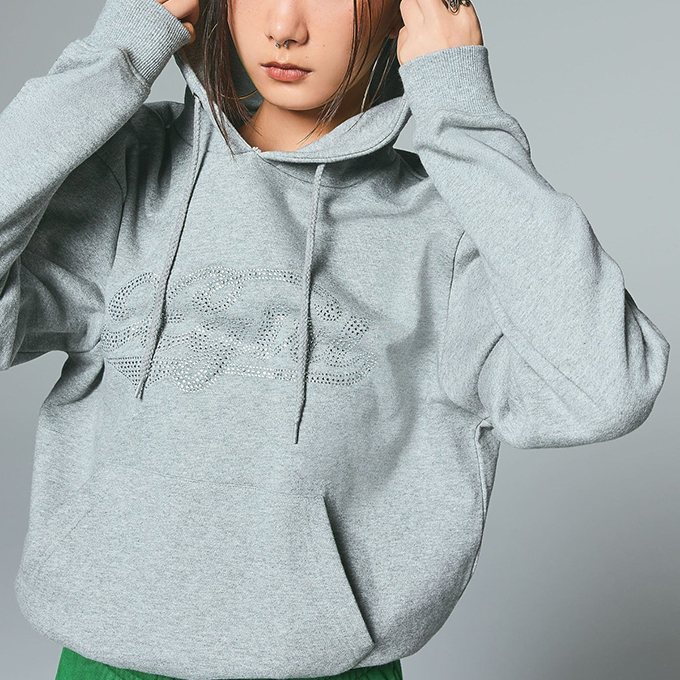 X-girl（エックスガール） RHINESTONE CURSIVE LOGO SWEAT HOODIE