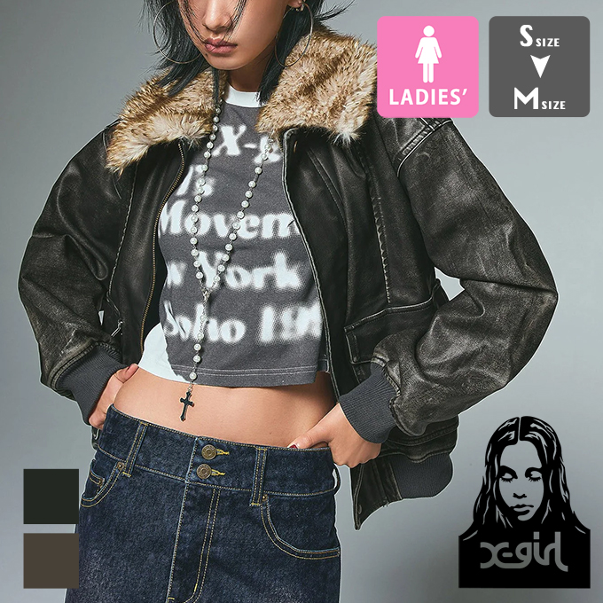 X-girl �G�b�N�X�K�[�� EMBOSSED LOGO PATCH DISTRESSED FAUX LEATHER JACKET �G���{�X���S �p�b�` �f�B�X�g���X�h �t�F�C�N ���U�[ �W���P�b�g 105254021003