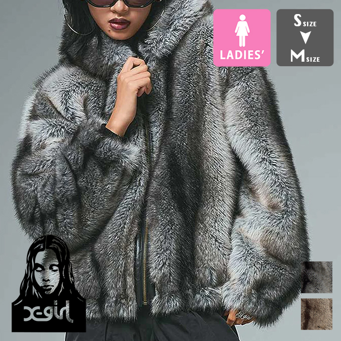 X-girl（エックスガール） フェイクファージャケット X-girl（エックスガール） LOGO PATCHED FAUX FUR HOODED JACKET ロゴ