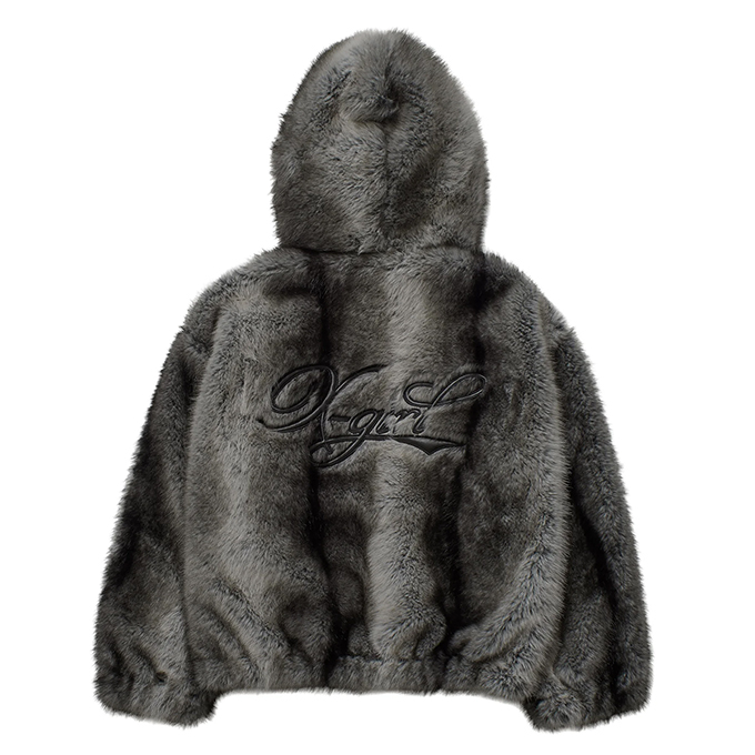 X-girl（エックスガール） LOGO PATCHED FAUX FUR HOODED JACKET ロゴ