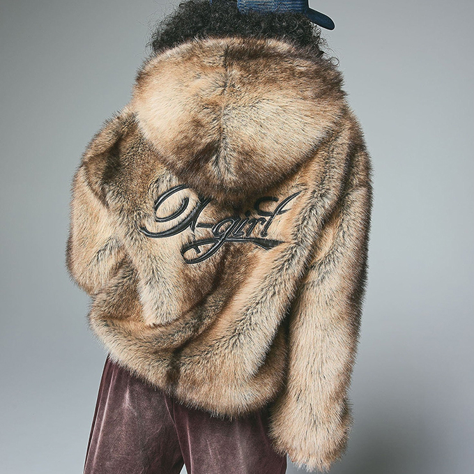 X-girl（エックスガール） LOGO PATCHED FAUX FUR HOODED JACKET ロゴ