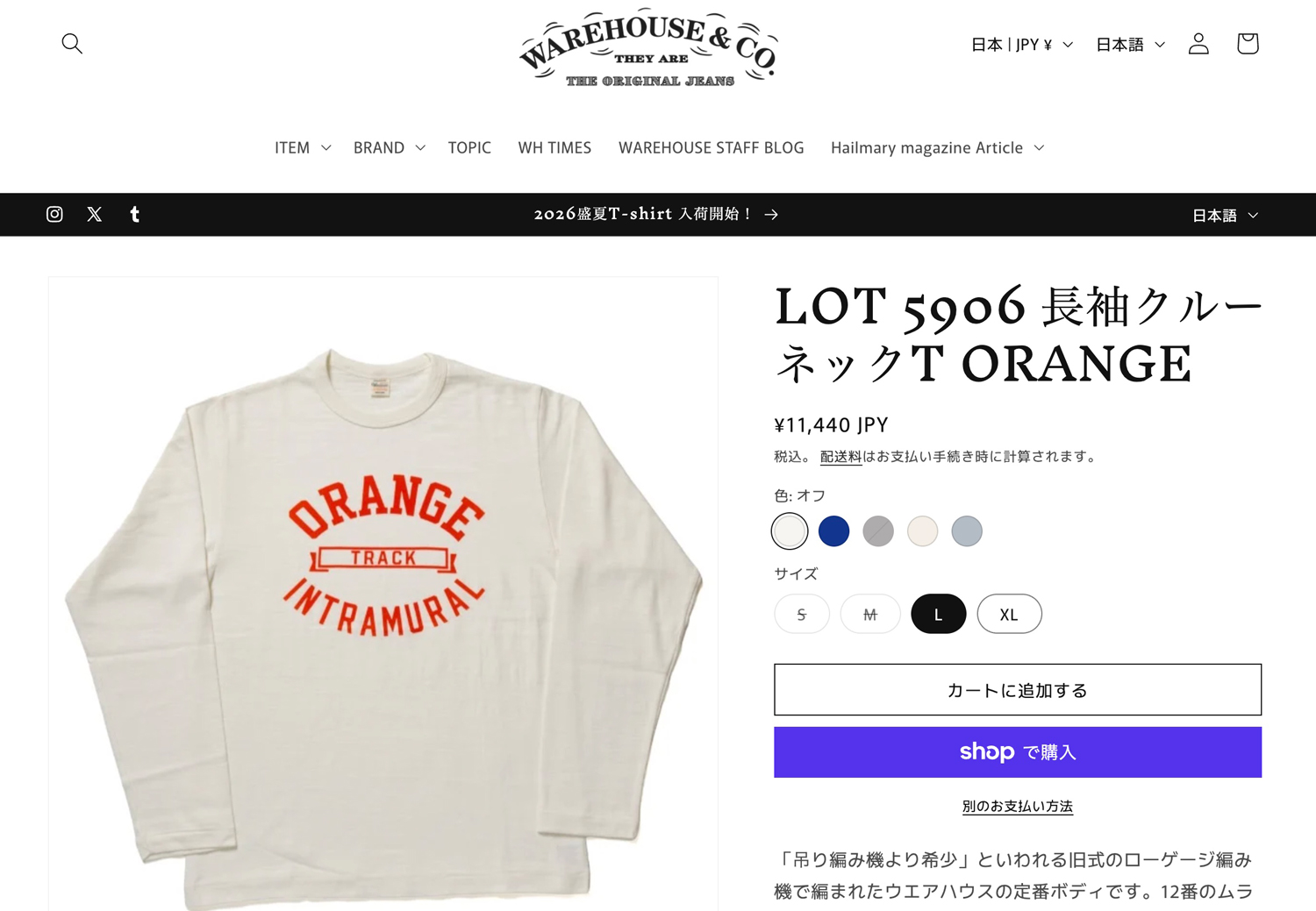 WAREHOUSE（ウエアハウス） ウェアハウス LOT 5906 L/S T-SHIRT 長袖