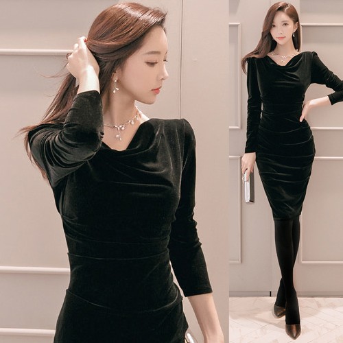 パーティ ベルベット調 セミロング丈 ワンピース 配色 スクエア XSサイズあり】 【GINZA COUTURE/銀座クチュール】ワンピース