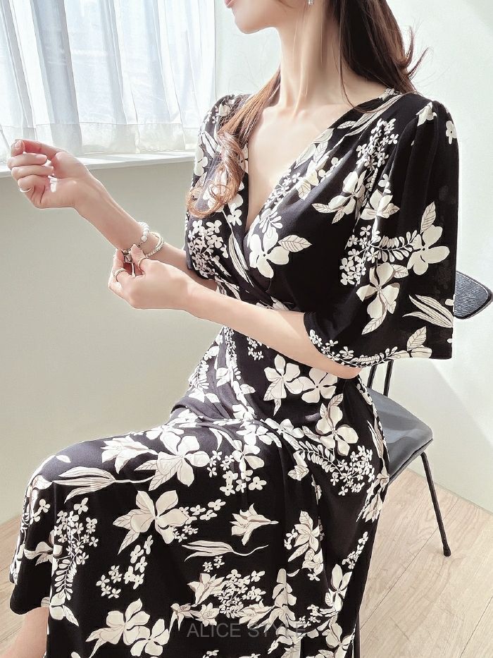 ワンピース レディース 上品 ロング カシュクール フレアー 花柄