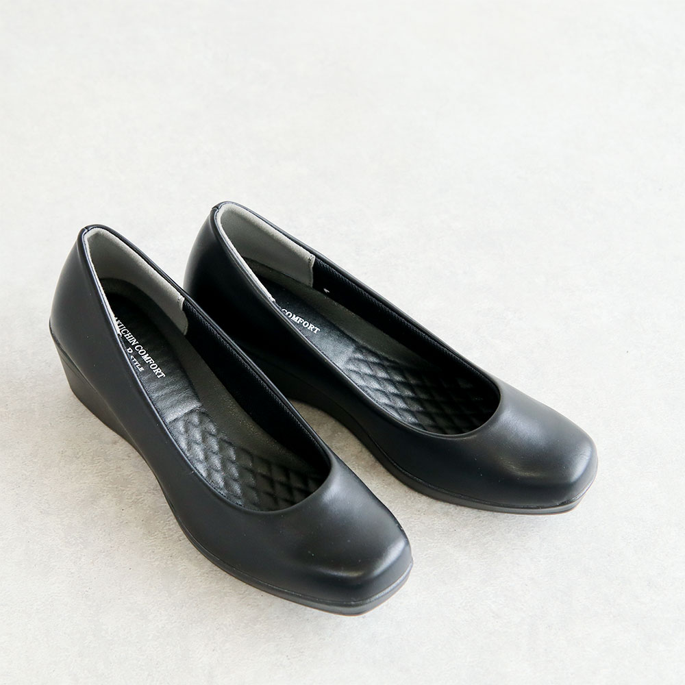 パンプス 歩きやすい ローヒール ウェッジソール 黒 通勤 コンフォート 靴 5cm ヒール フォーマル リクルート ビジネス ブラック スクエアトゥ | Rakuchin | 01