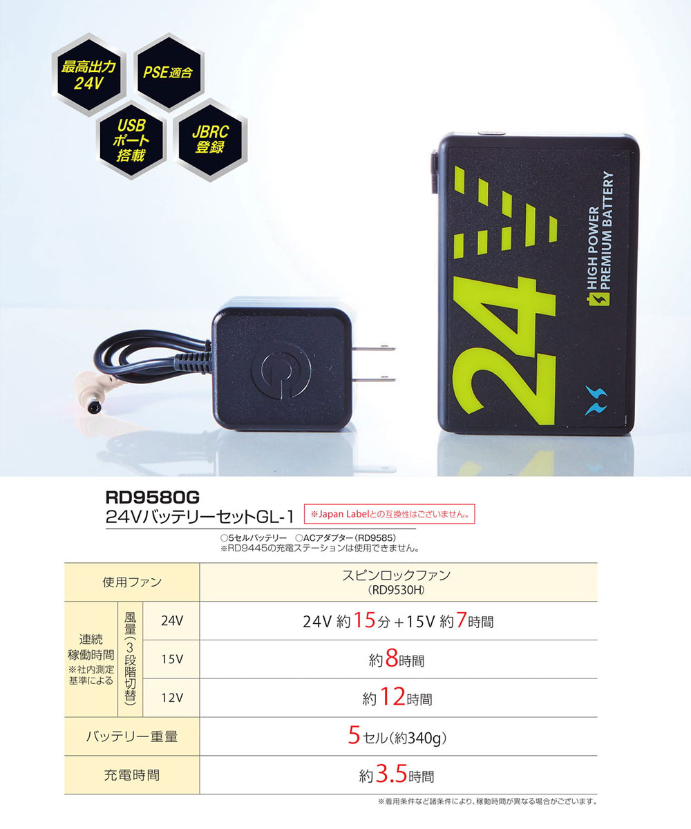 空調風神服 EFウェア 24V リチウムイオンバッテリー セット GL-1 Global Label 海外製 正規品 アタックベース RD9580G | アタックベース | 06