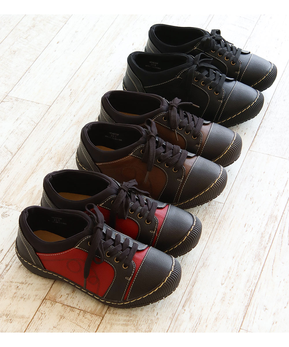 カジュアルシューズ レディース スリッポン 靴 幅広 ゆったり コンフォート おしゃれ 紐靴 黒 ブラック 赤 レッド ブラウン HC4233 | Hashed Coorde | 10