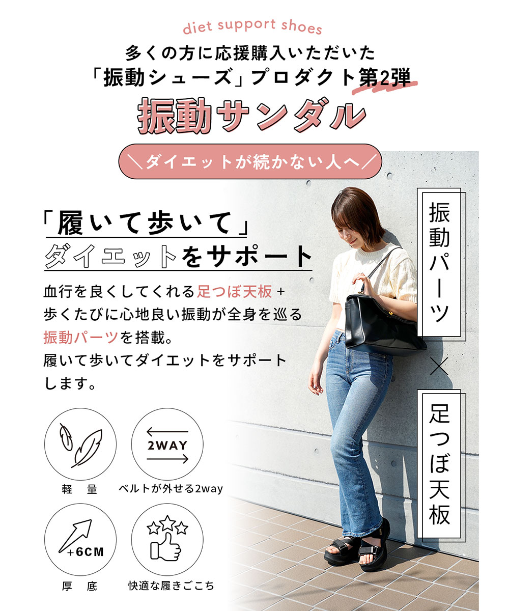 未体験 振動 サンダル ダイエット ストラップ 2way レディース 厚底 軽量 疲れにくい 黒 ブラック Makuake MEGLOOP 1002 爆買 | ブランド登録なし | 02