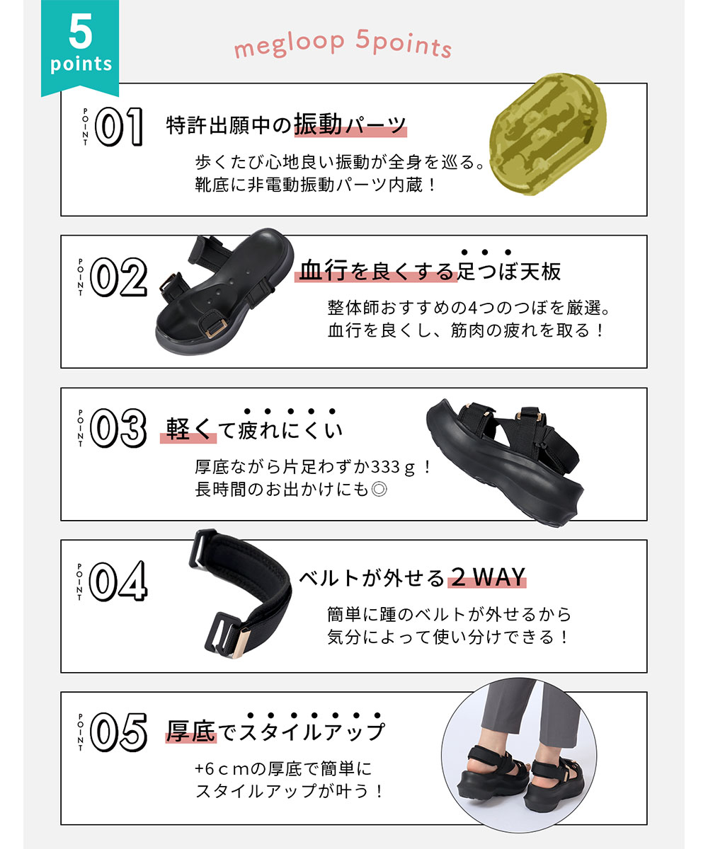未体験 振動 サンダル ダイエット ストラップ 2way レディース 厚底 軽量 疲れにくい 黒 ブラック Makuake MEGLOOP 1002 爆買 | ブランド登録なし | 04