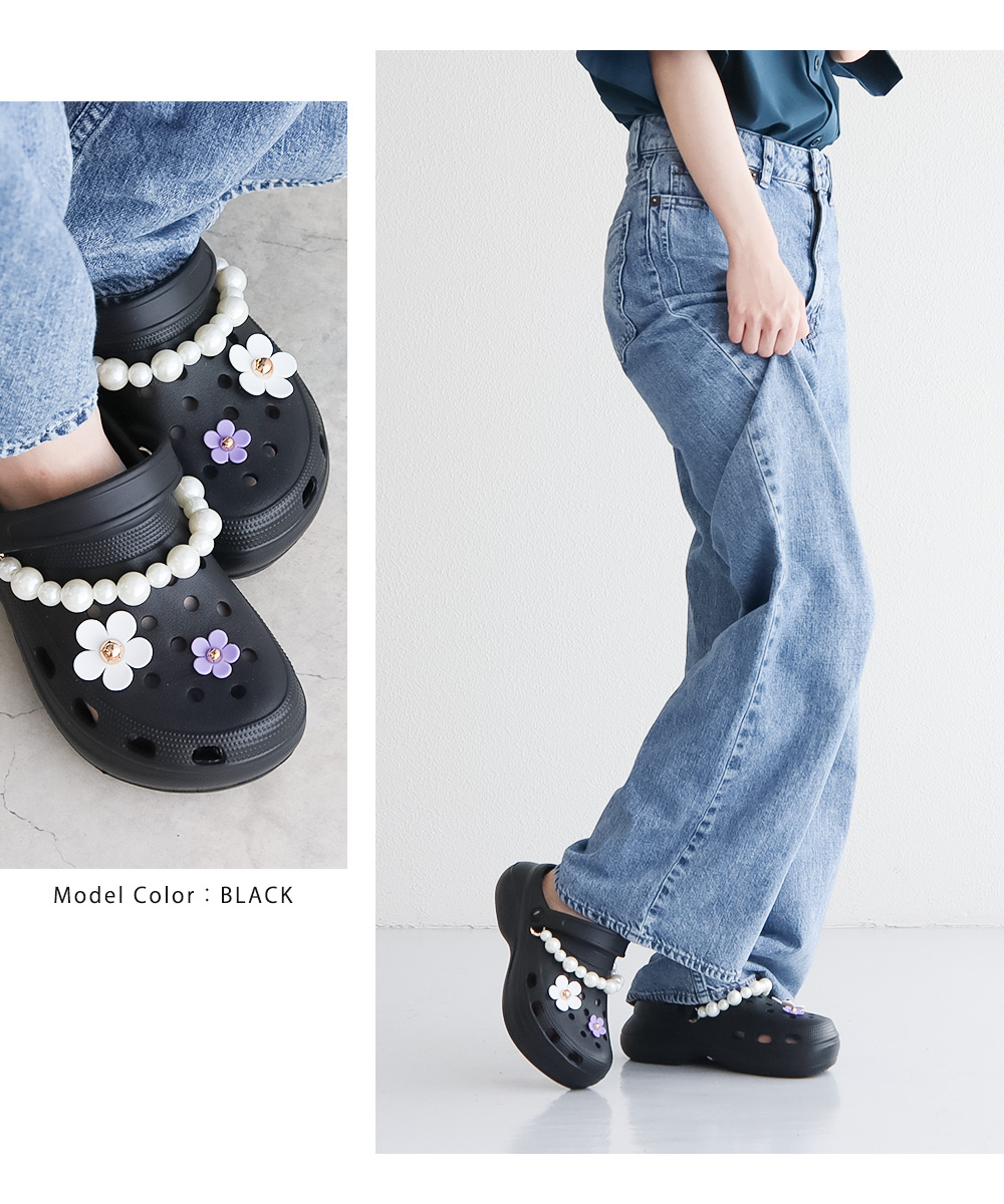 クロッグサンダル レディース サボサンダル 厚底 チャーム付き 花 パール つっかけ 軽量 軽い アウトドア ブラック 黒 ホワイト 白 nev-76