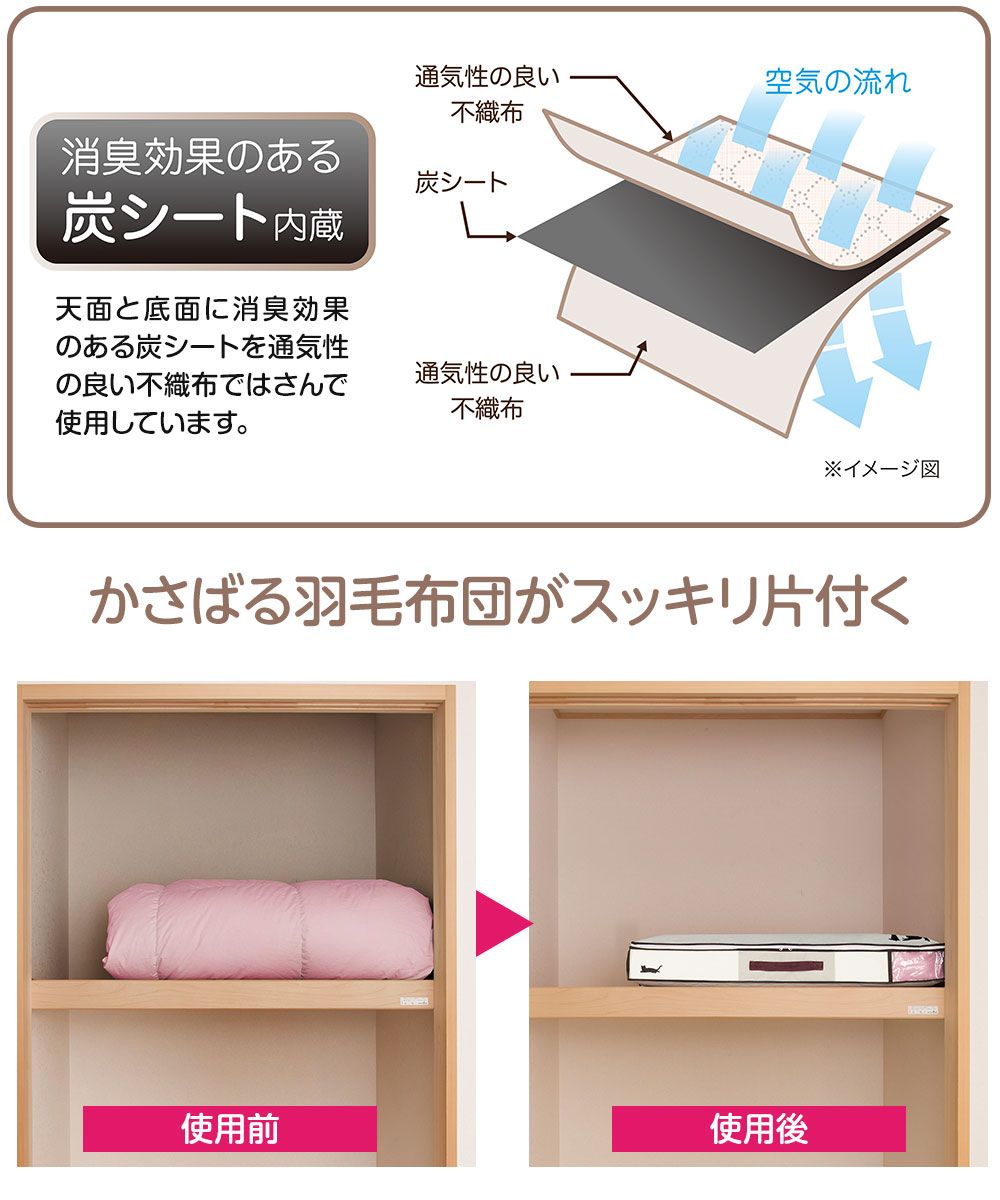 羽毛布団 コンパクト スッキリ 収納 シングル用 ケース ボックス 炭シート 消臭 服 衣類 掛け 毛布 すき間 クローゼット 炭消臭  213 | ニーズ | 03