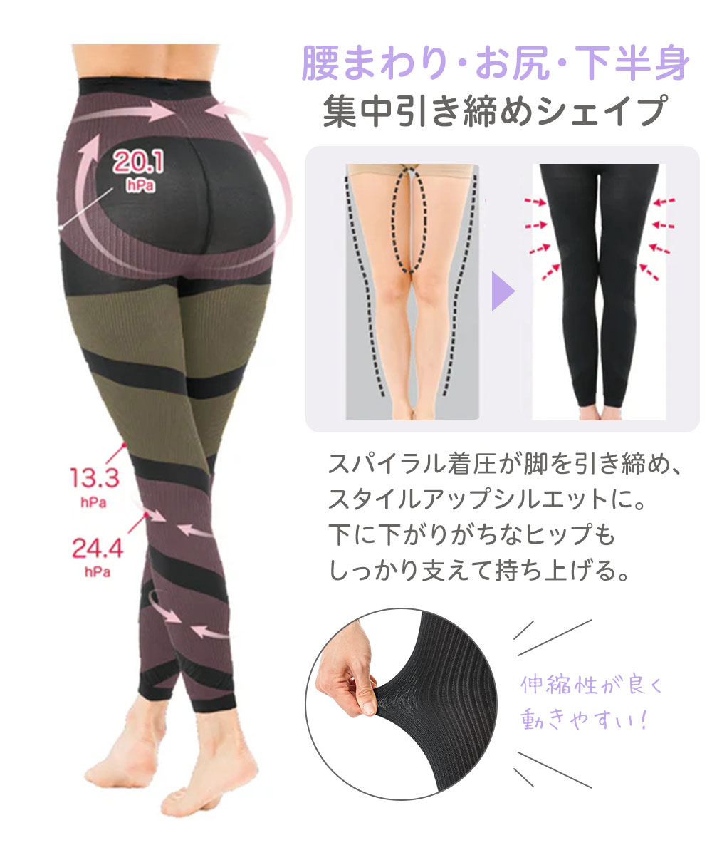 着圧レギンス レディース 9分丈 ぽっこりお腹 インナー 肌着 下着 黒 ブラック 骨格診断士が作ったスタイルアップスパッツ ウェーブ 226 爆買 | ニーズ | 03