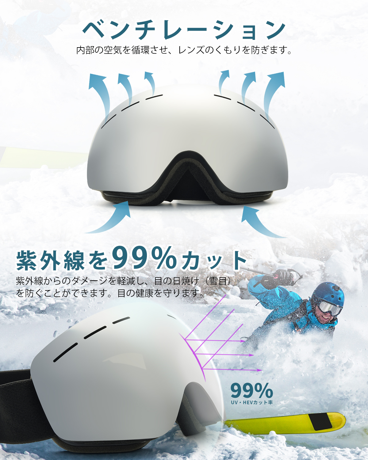 スキーゴーグル3点セット 両層磁気レンズ レンズ着脱可 UV100%カット