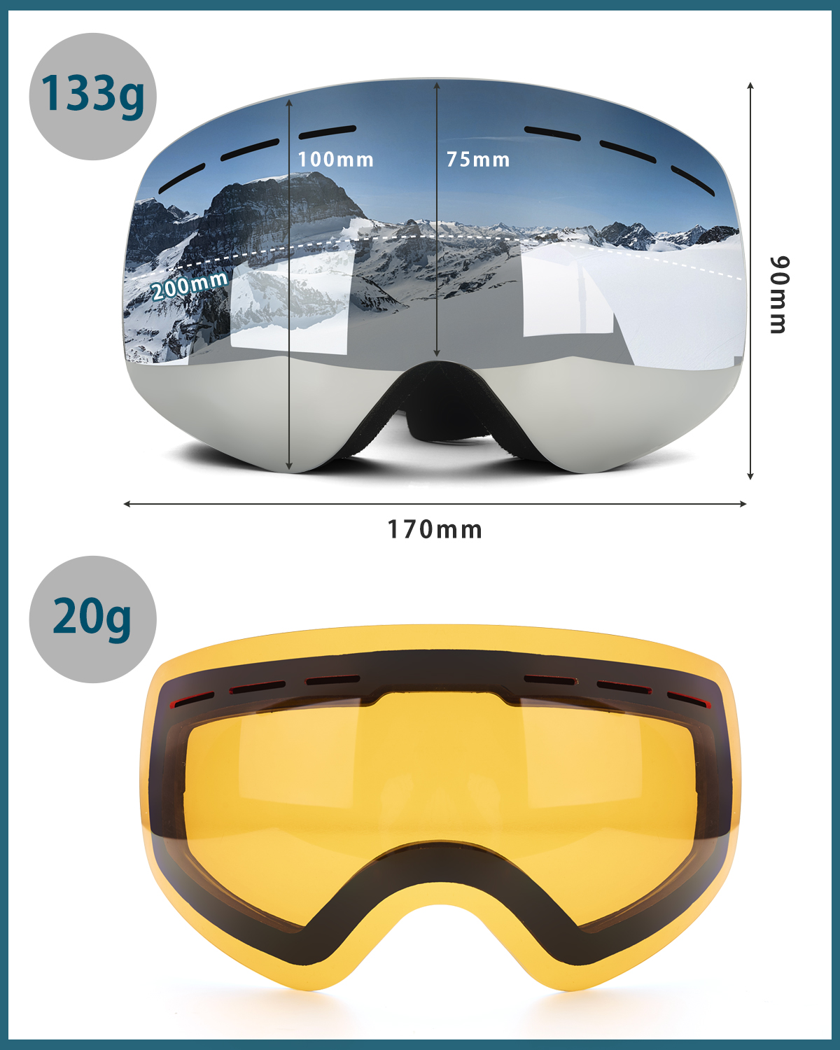 ウエア、ゴーグル ３点セット！ スキーゴーグル3点セット 両層磁気レンズ レンズ着脱可 UV100%カット