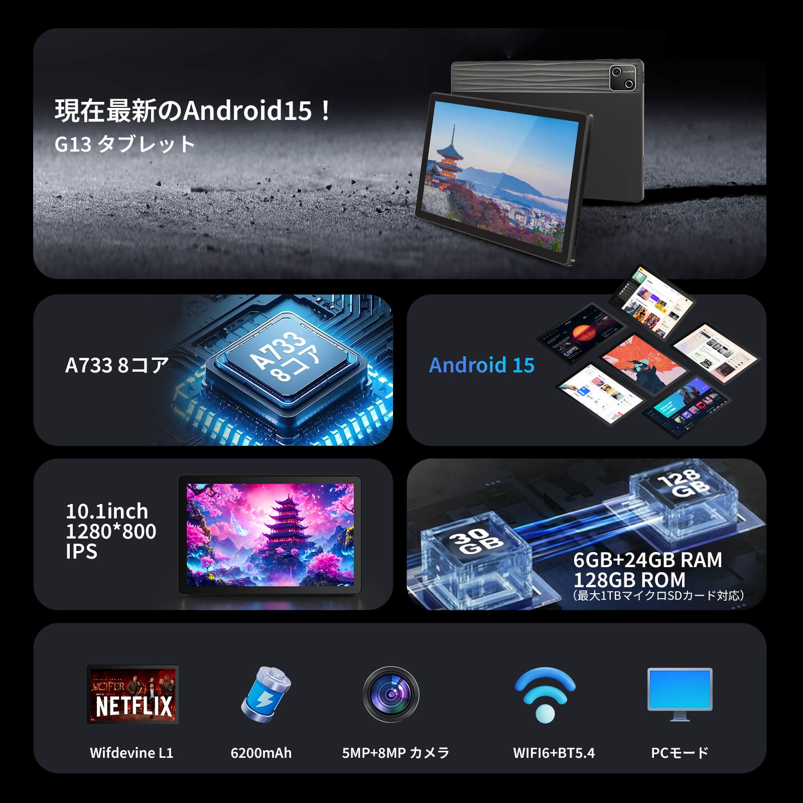 【Netflix対応】Android15タブレット10インチ Android 15 タブレット 10インチ 8コアCPU 30GB+128GB+1TB拡張