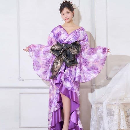 浴衣ドレス　大人用　姫ギャル　白地にピンク紫の花　ゴールドラメ 25121714_2.jpg