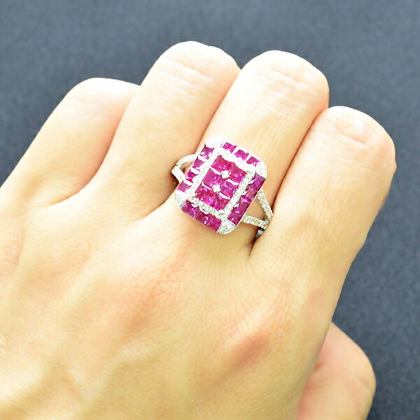 K18 ルビー ダイヤ入ファッションリング ミステリーセッティング ルビー ダイヤモンド リング K18 ホワイトゴールド ミステリー