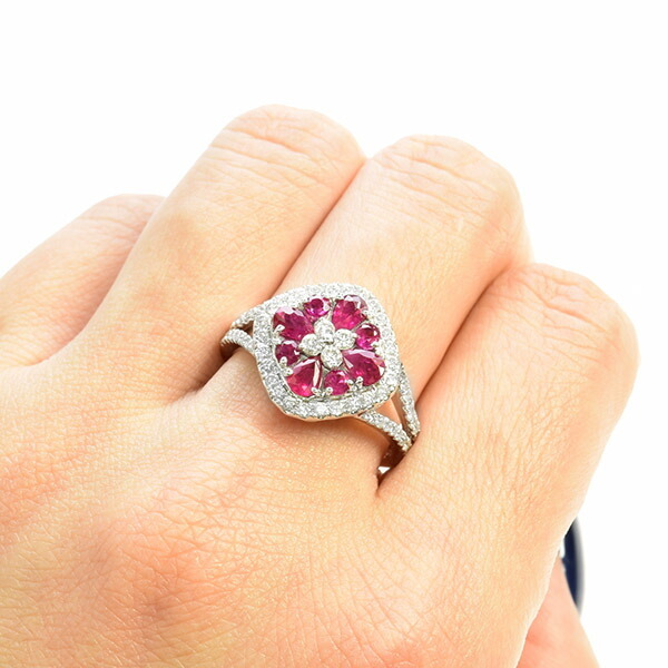 ルビー ダイヤモンド リング K18 ホワイトゴールド フラワー 花 鑑別