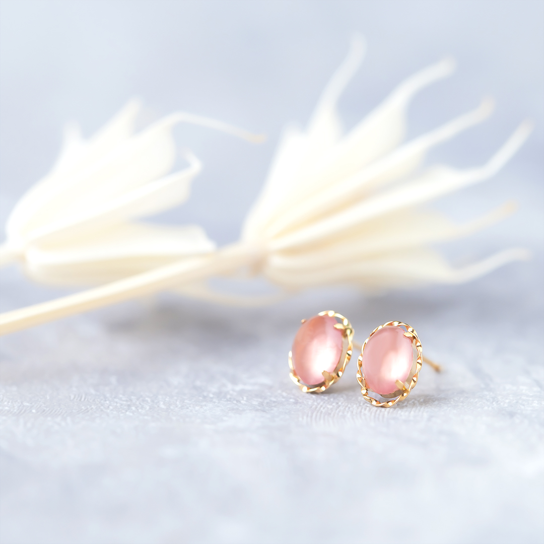 ピアス K18 YG ロードクロサイト オーバル カボション 18k 18金 天然石 イエローゴールド レディース 彼女 誕生日 プレゼント レディース 20代 30代 40代の画像