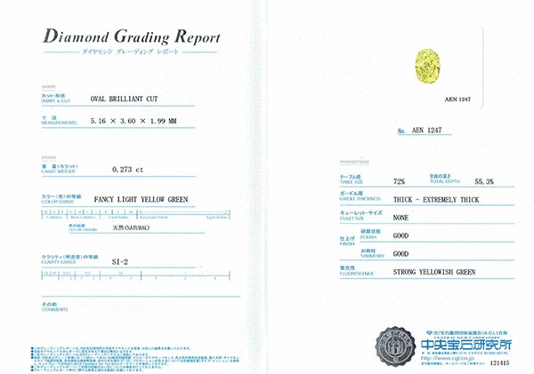 天然グリーンダイヤモンド ルース 0.273ct FANCY LIGHT YELLOW GREEN SI-2 中央宝石研究所  鑑定書付き【ペンダント・指輪・ブローチ等 加工可能】