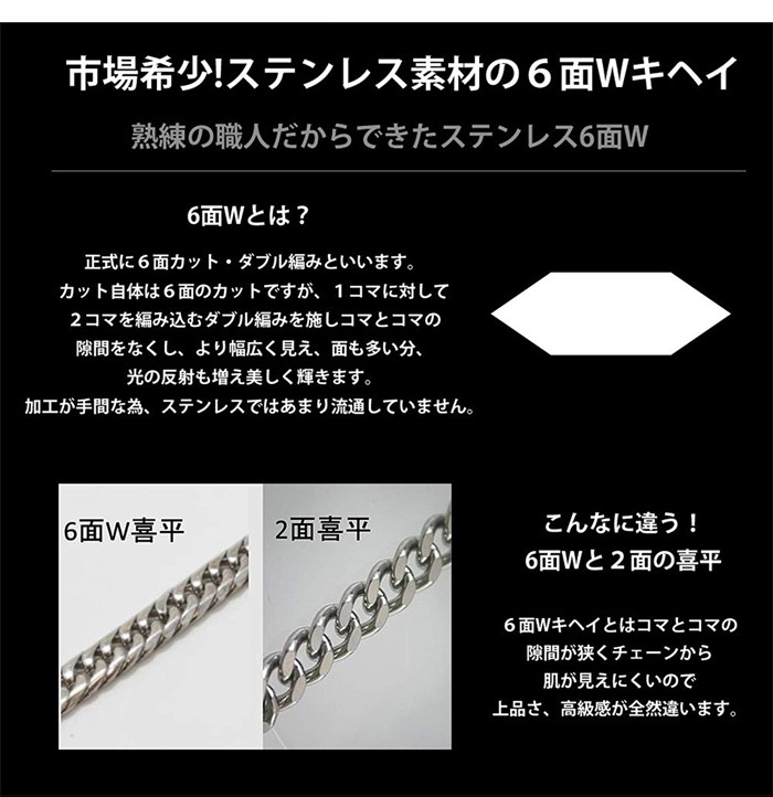 喜平ネックレス メンズ 6面W キヘイチェーン ステンレス 50cm ゴールド